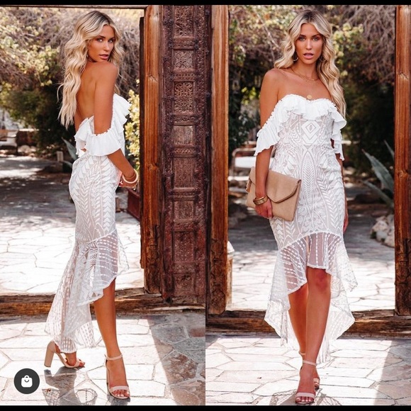 Passion Lace Off the Shoulder High Low Midi Dress